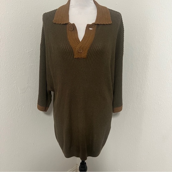 Zara Men’s Large Collared Short Sleeve V-Neck Sweater Olive & Tan NWOT Business - Picture 1 of 11